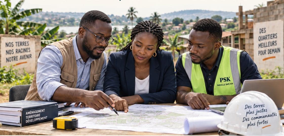 Trois professionnels examinent ensemble un plan d’aménagement sur un chantier