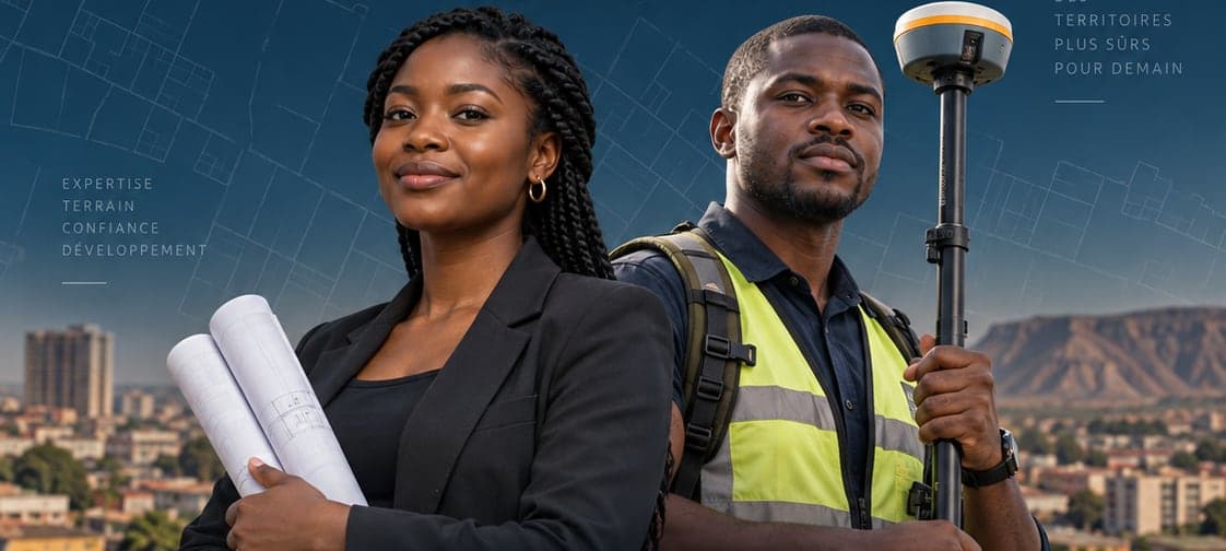 Une architecte, plans sous le bras, et un géomètre-topographe avec son récepteur GNSS devant une ville de RDC